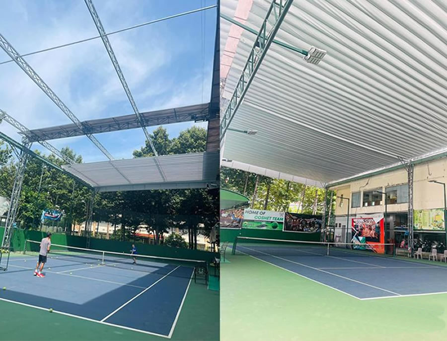 Thi công kết cấu thép mái xếp di động sân thể thao pickleball